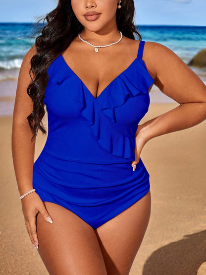 Swim Lushoire Plus Size Women Solid Color Ruffle Pleat Spaghetti Strap One-Piece Swimsuit