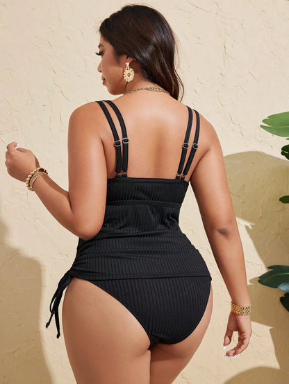 Swim Lushoire Plus Size Women Tank Top Plain Solid Black Textured Fabric Sports Swimwear For Summer Beach Vacation