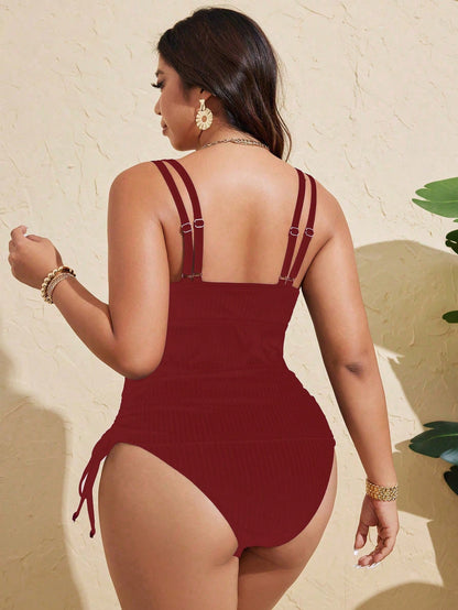 Swim Lushoire Plus Size Women Tank Top Plain Solid Black Textured Fabric Sports Swimwear For Summer Beach Vacation