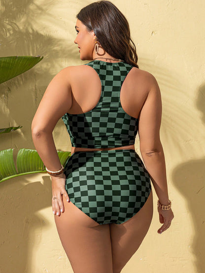 Swim Lushoire Plus Size Women Two Pieces Swimsuit With Checkered Print, Push Up, Slimming & Sexy For Summer Beach Vacation