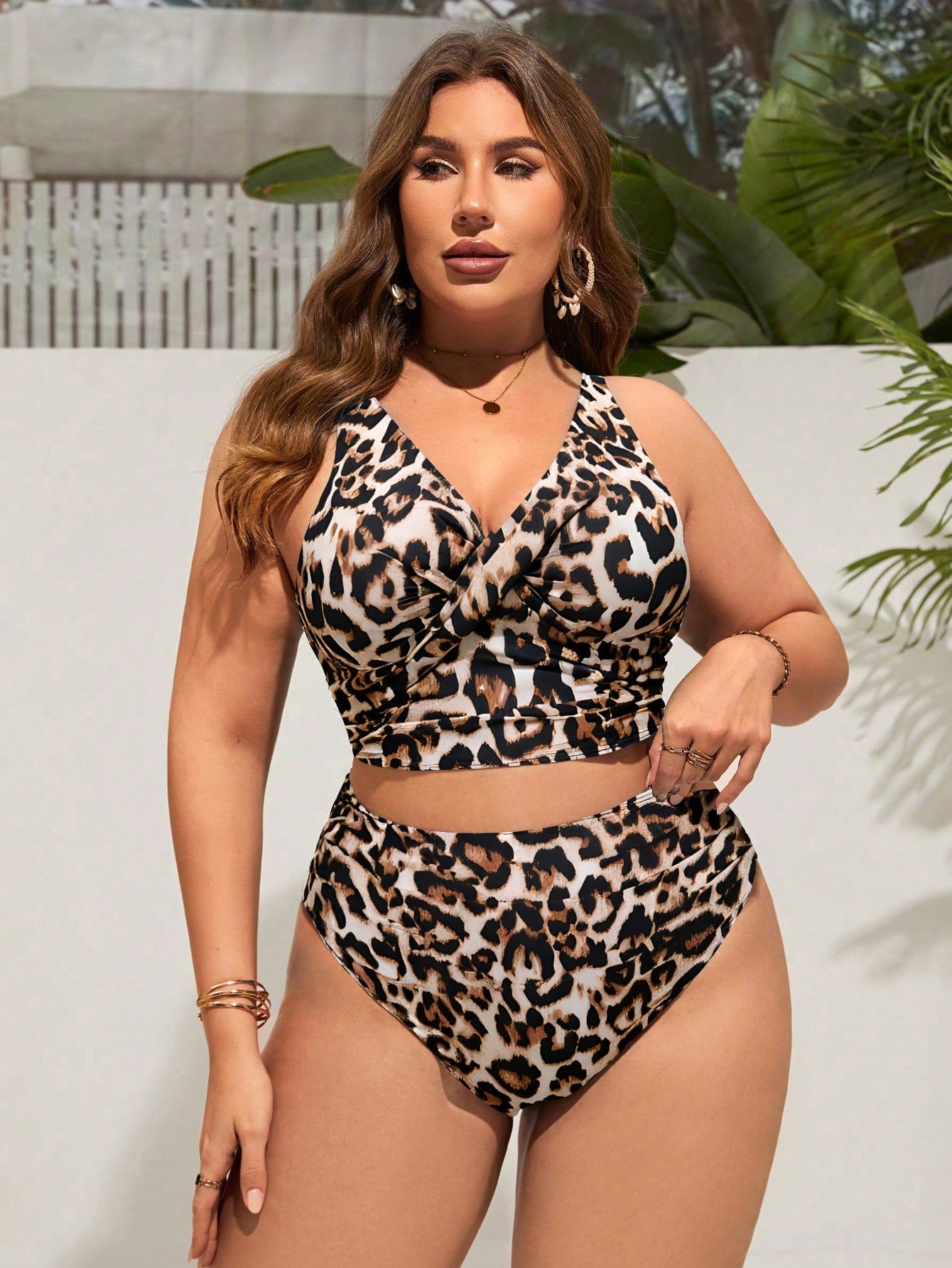 Swim Lushoire Plus Size Women Vacation Fashion Front Tie Leopard Print Tankini Swimwear Set