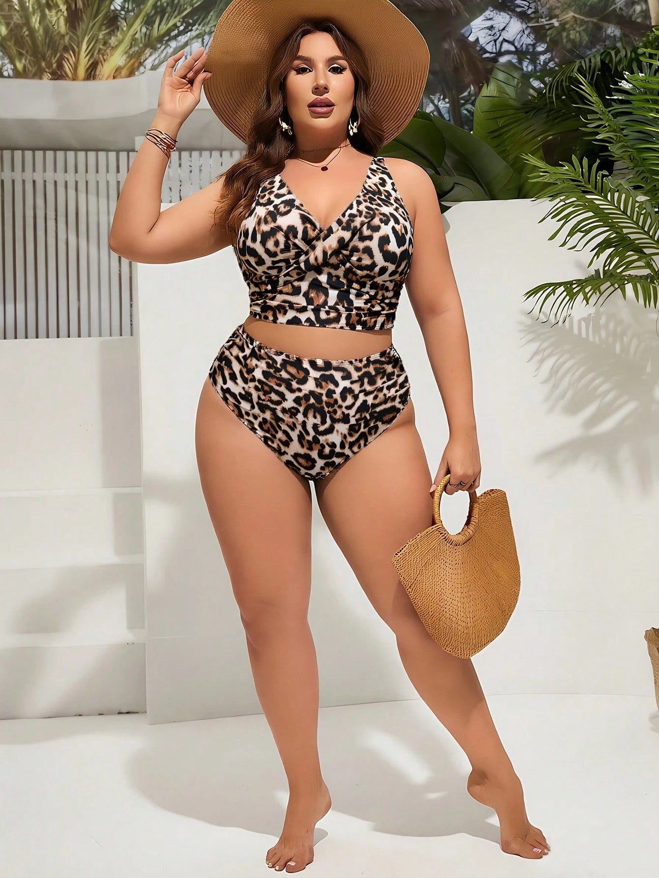 Swim Lushoire Plus Size Women Vacation Fashion Front Tie Leopard Print Tankini Swimwear Set