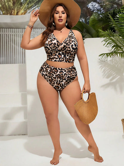 Swim Lushoire Plus Size Women Vacation Fashion Front Tie Leopard Print Tankini Swimwear Set