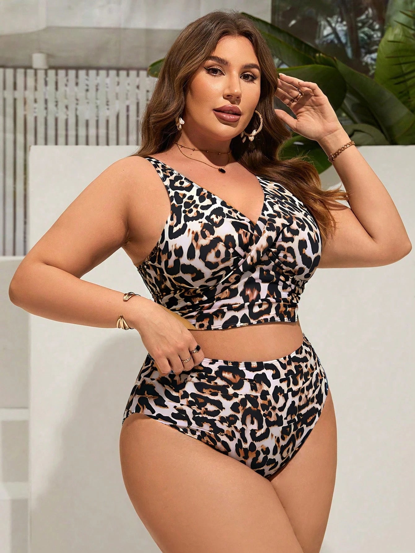 Swim Lushoire Plus Size Women Vacation Fashion Front Tie Leopard Print Tankini Swimwear Set