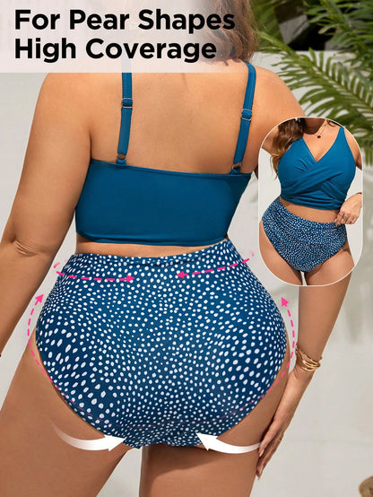 Swim Lushoire Plus Size Women Vacation Fashion Front Tie Leopard Print Tankini Swimwear Set
