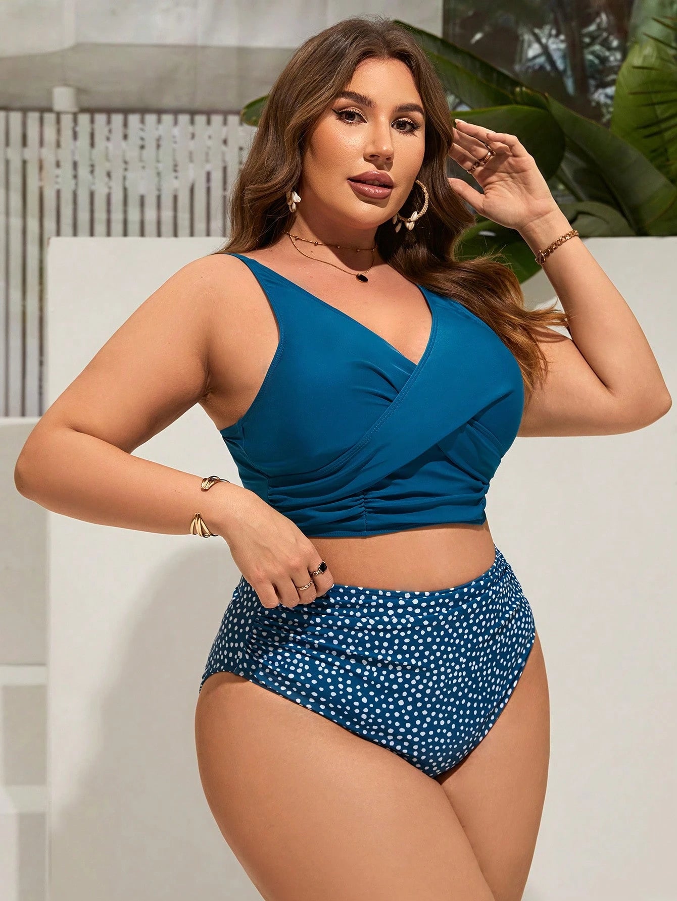 Swim Lushoire Plus Size Women Vacation Fashion Front Tie Leopard Print Tankini Swimwear Set