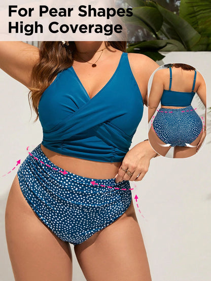 Swim Lushoire Plus Size Women Vacation Fashion Front Tie Leopard Print Tankini Swimwear Set