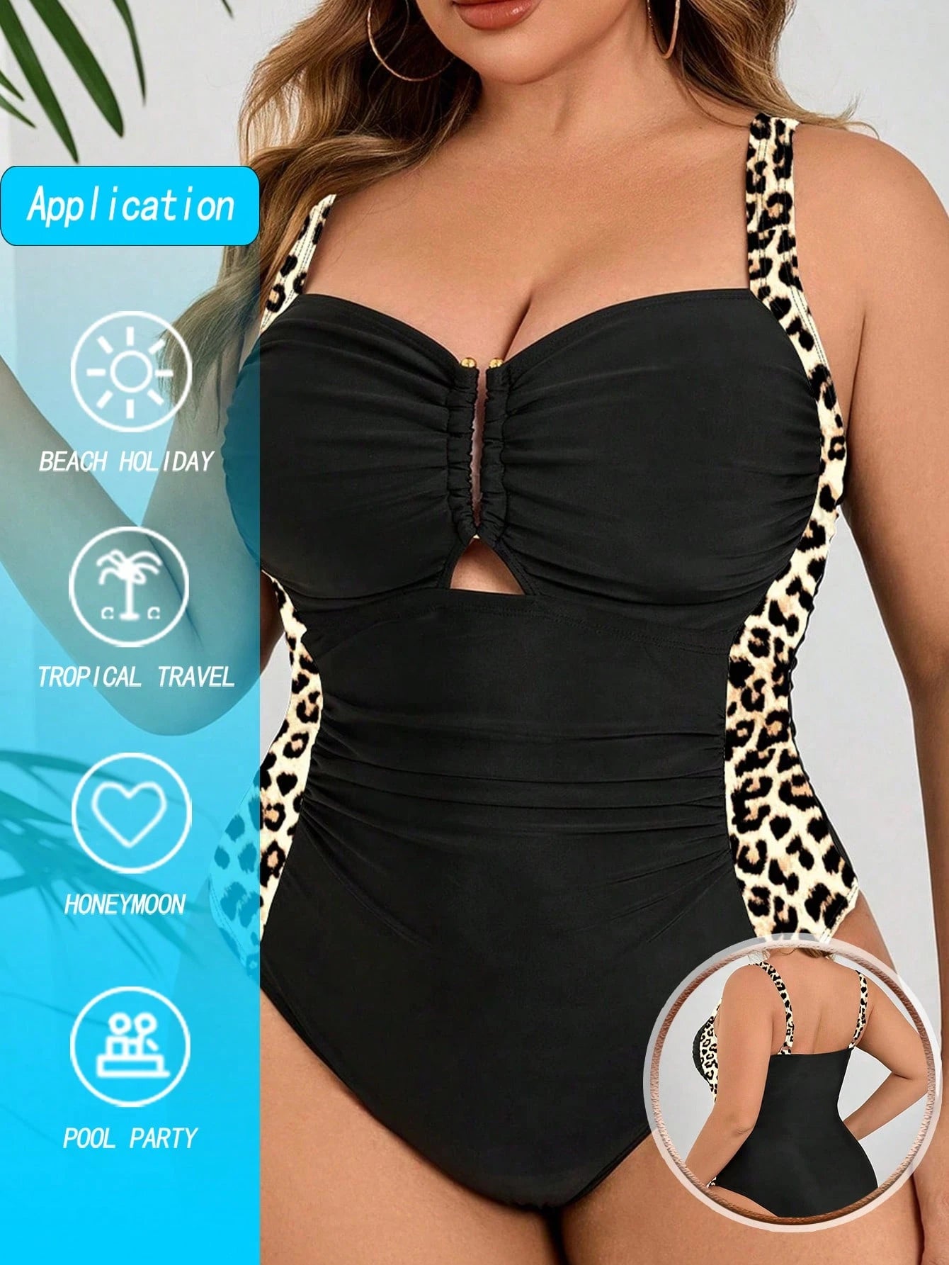 Swim Lushoire Plus Size Women Wide Strap Gold Decor Ruched Tummy Slimming Print Patchwork One-Piece Swimsuit, Casual & Simple For Summer Beach Vacation