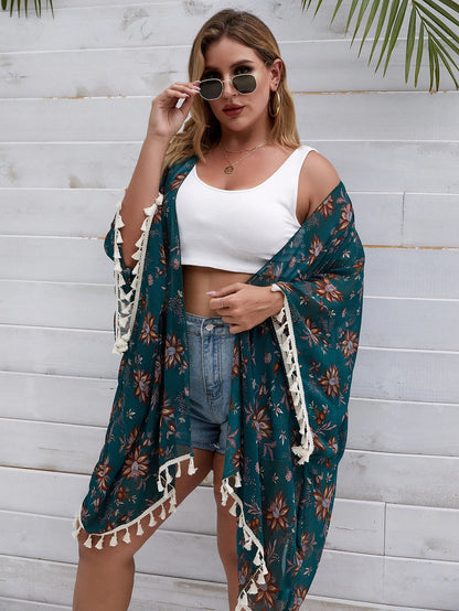 Swim Lushoire Summer Beach Plus Floral Print Tassel Trim Kimono