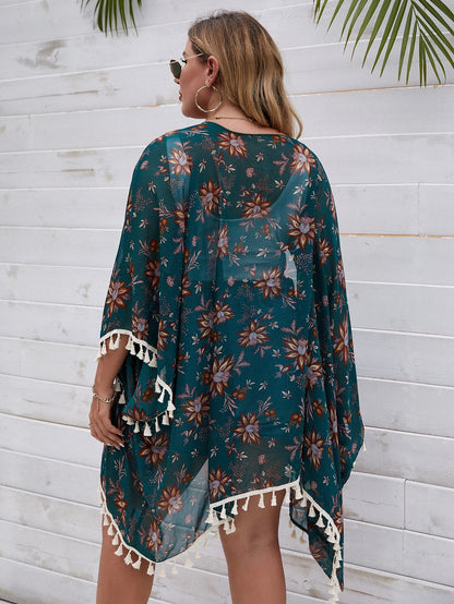 Swim Lushoire Summer Beach Plus Floral Print Tassel Trim Kimono