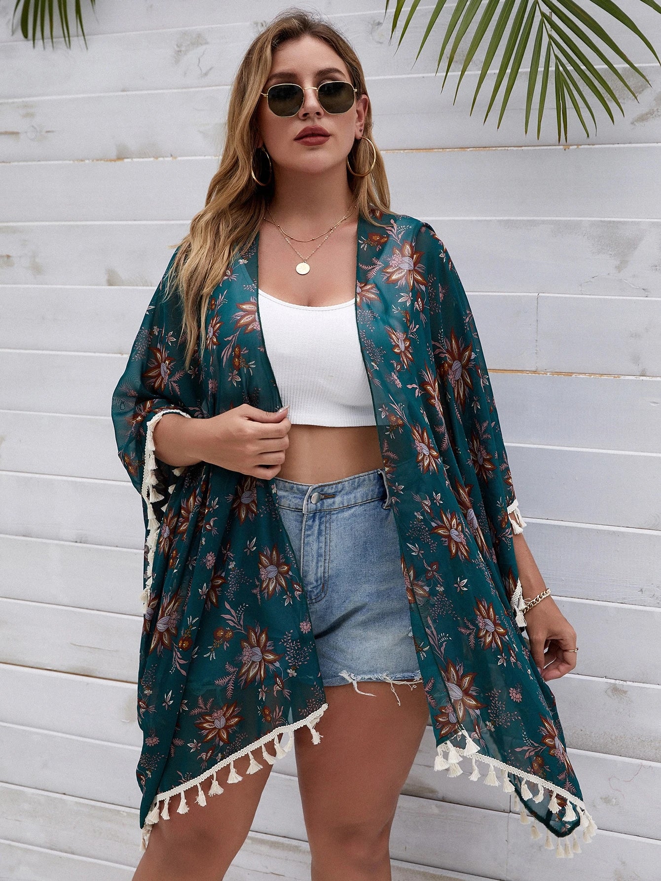 Swim Lushoire Summer Beach Plus Floral Print Tassel Trim Kimono