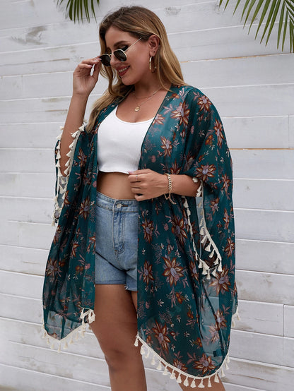Swim Lushoire Summer Beach Plus Floral Print Tassel Trim Kimono