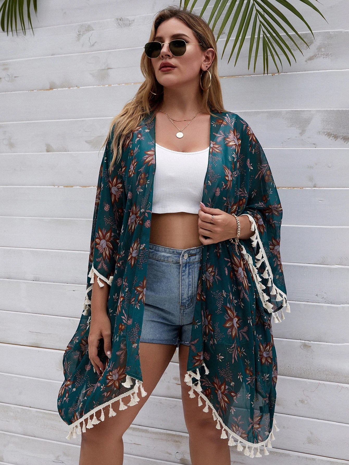 Swim Lushoire Summer Beach Plus Floral Print Tassel Trim Kimono