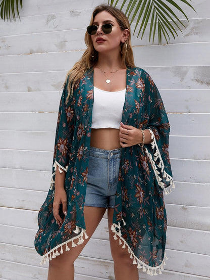 Swim Lushoire Summer Beach Plus Floral Print Tassel Trim Kimono