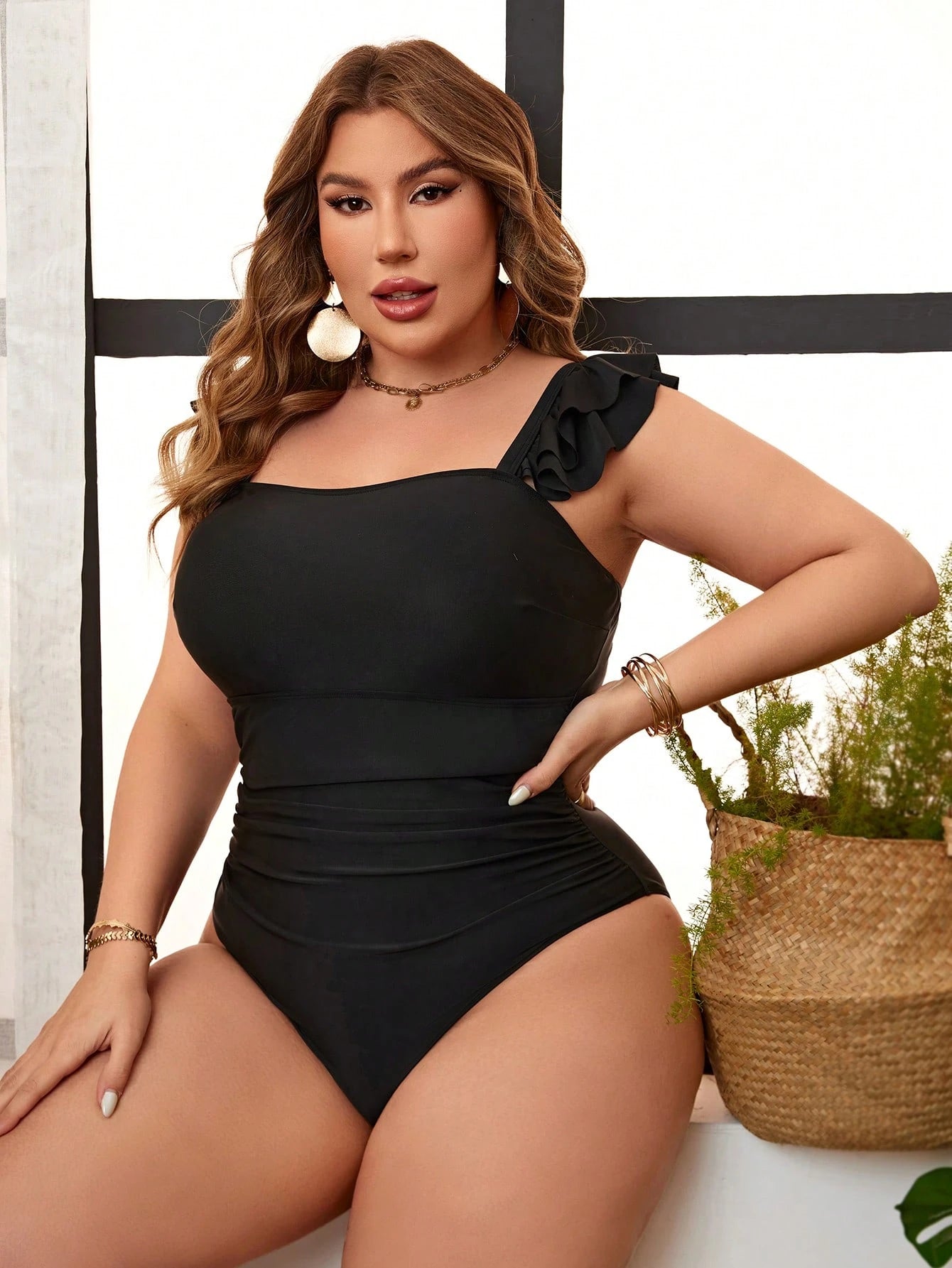 Swim Lushoire Summer Beach Plus Size Solid One-Piece Swimsuit Music Festival