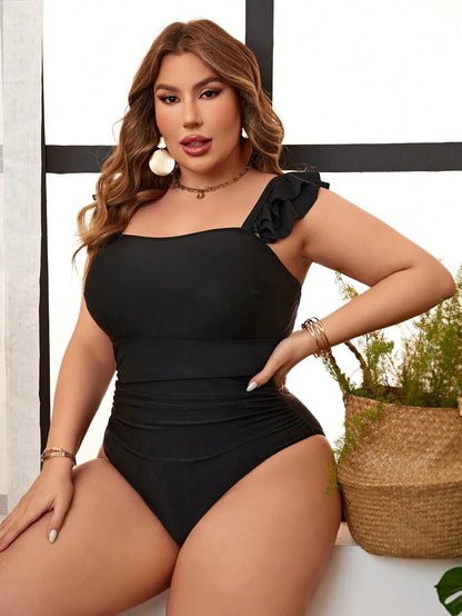 Swim Lushoire Summer Beach Plus Size Solid One-Piece Swimsuit Music Festival