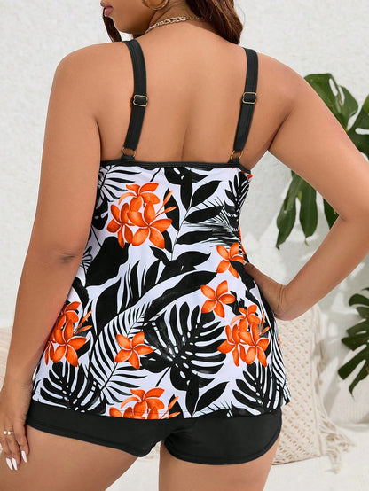 Swim Lushoire Summer Beach Plus Size Tropical Printed Cami Tank Top With Boxer Briefs Tankini Set