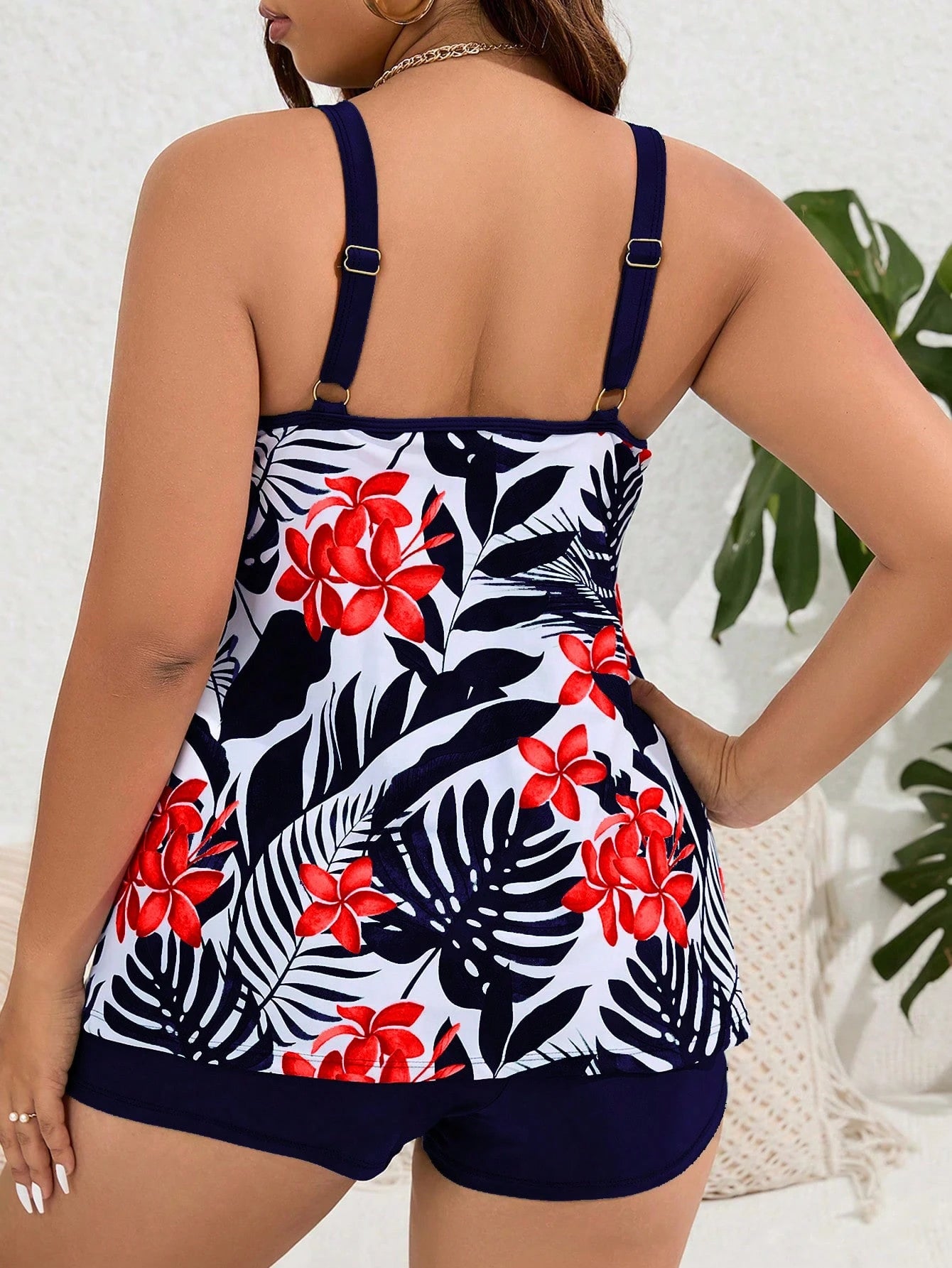 Swim Lushoire Summer Beach Plus Size Tropical Printed Cami Tank Top With Boxer Briefs Tankini Set