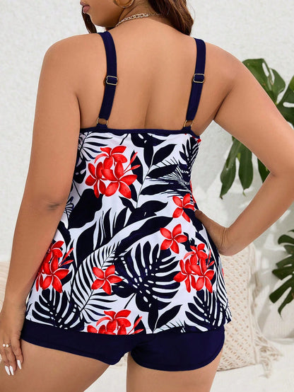 Swim Lushoire Summer Beach Plus Size Tropical Printed Cami Tank Top With Boxer Briefs Tankini Set