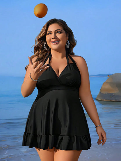 Swim Lushoire Summer Beach Plus Size Women's Halterneck & Shoulder Straps Bikini Top With Vest Style