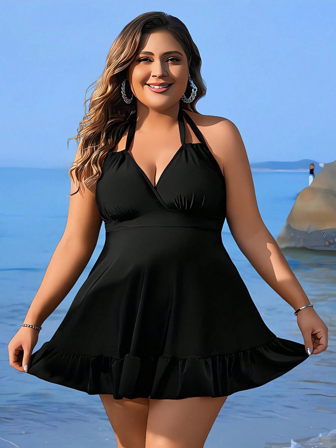 Swim Lushoire Summer Beach Plus Size Women's Halterneck & Shoulder Straps Bikini Top With Vest Style