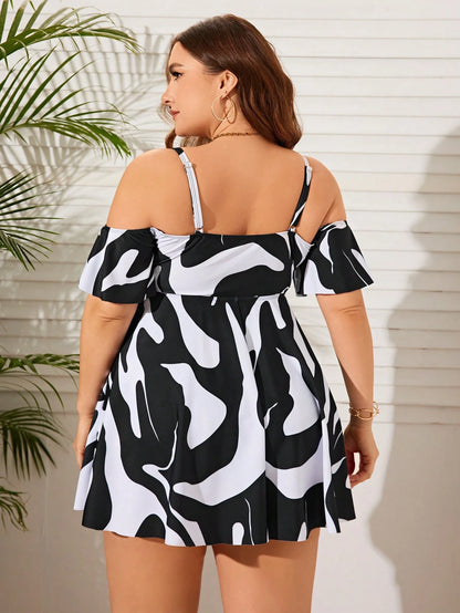 Swim Lushoire Summer Beach Plus Size Women's Printed Cold-Shoulder Swimwear