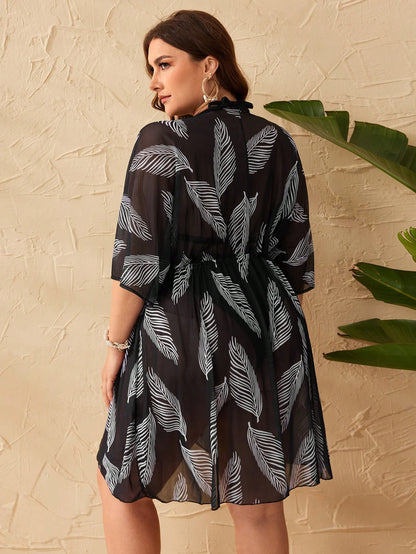 Swim Lushoire Summer Beach Plus Tropical Printed Drawstring Waist Simple Daily Kimono