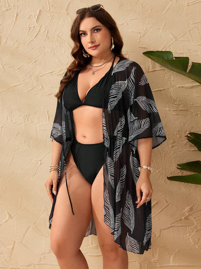 Swim Lushoire Summer Beach Plus Tropical Printed Drawstring Waist Simple Daily Kimono