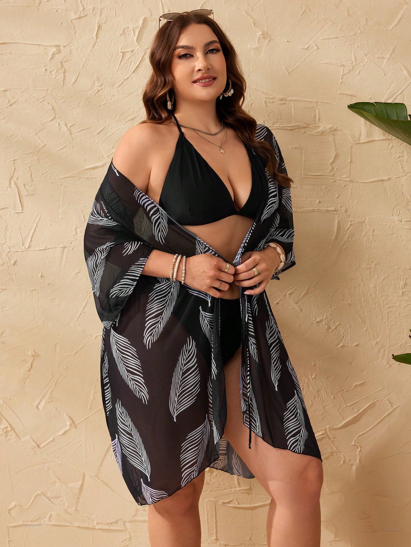 Swim Lushoire Summer Beach Plus Tropical Printed Drawstring Waist Simple Daily Kimono
