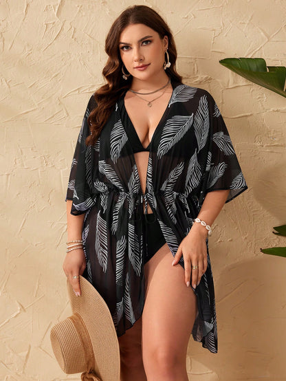 Swim Lushoire Summer Beach Plus Tropical Printed Drawstring Waist Simple Daily Kimono