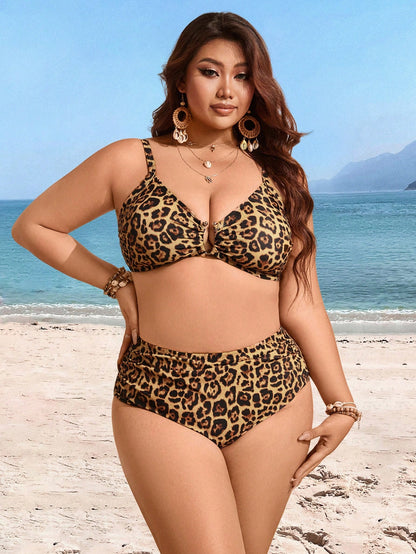 Swim Lushoire Summer Plus Size Women's Leopard Print Random Pattern Bikini, Metal Clasp Bust Support, Ruched Side Bottom, Mature & Casual Beach Vacation Style