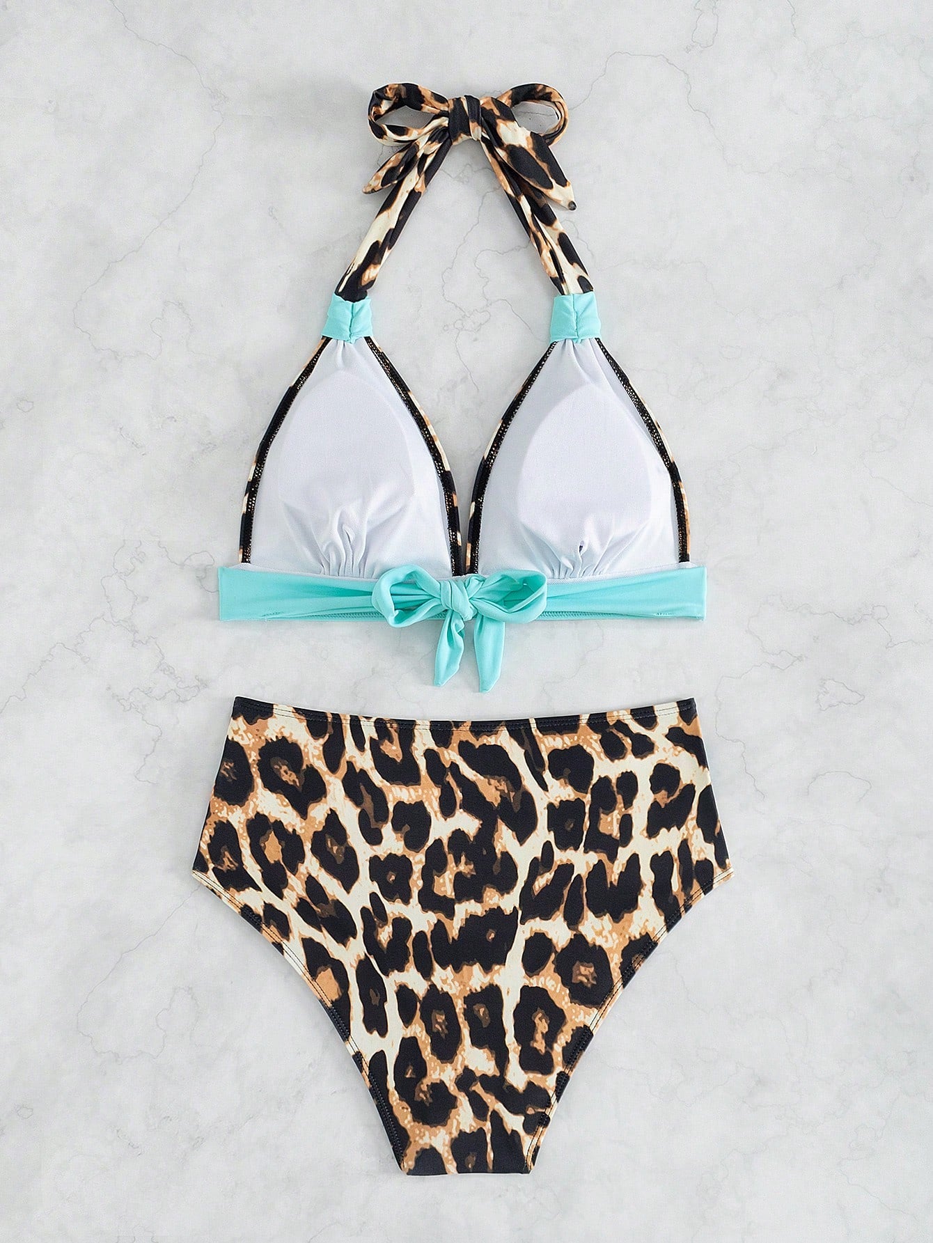 Swim Lushoire Women Leopard Print Vacation Front Knot Halter Neck Simple Fashion Bikini Set, Random Print Summer