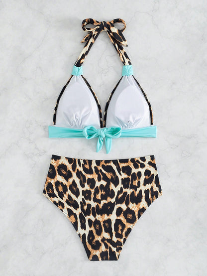 Swim Lushoire Women Leopard Print Vacation Front Knot Halter Neck Simple Fashion Bikini Set, Random Print Summer