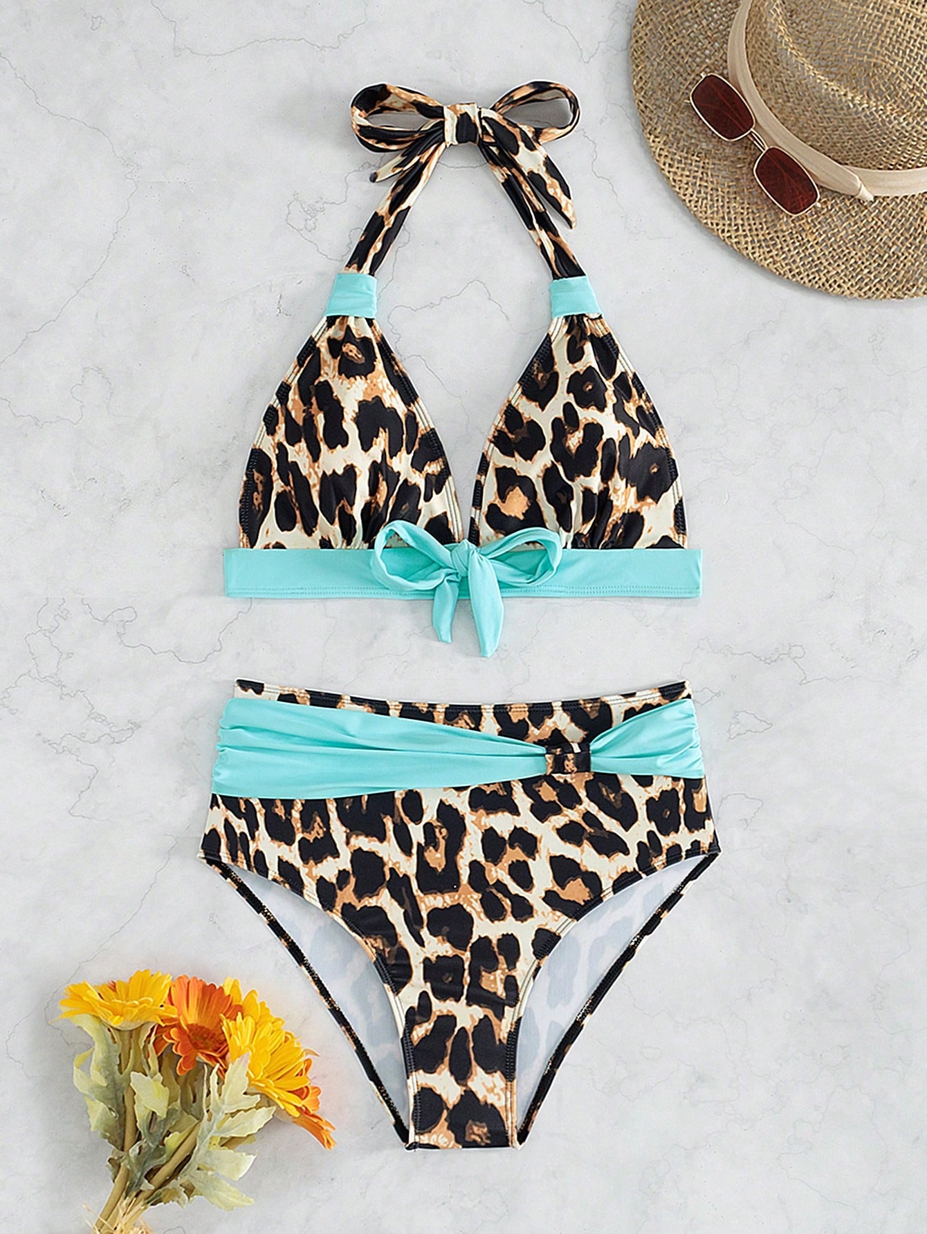 Swim Lushoire Women Leopard Print Vacation Front Knot Halter Neck Simple Fashion Bikini Set, Random Print Summer