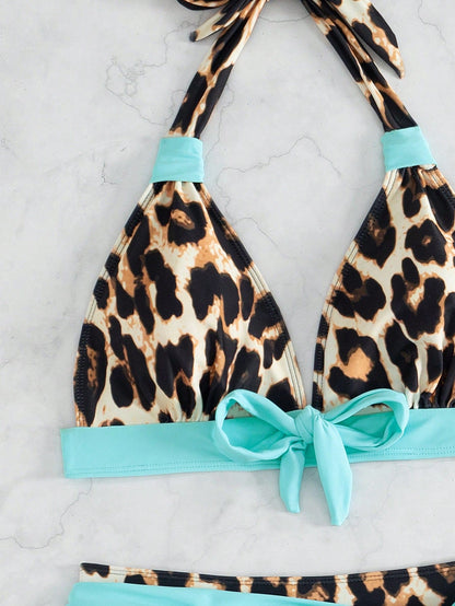 Swim Lushoire Women Leopard Print Vacation Front Knot Halter Neck Simple Fashion Bikini Set, Random Print Summer