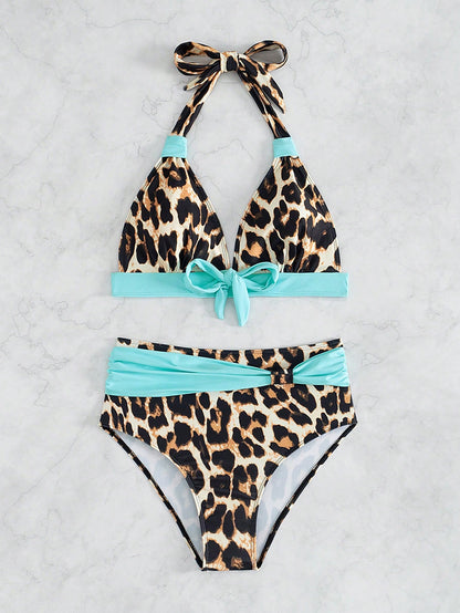 Swim Lushoire Women Leopard Print Vacation Front Knot Halter Neck Simple Fashion Bikini Set, Random Print Summer