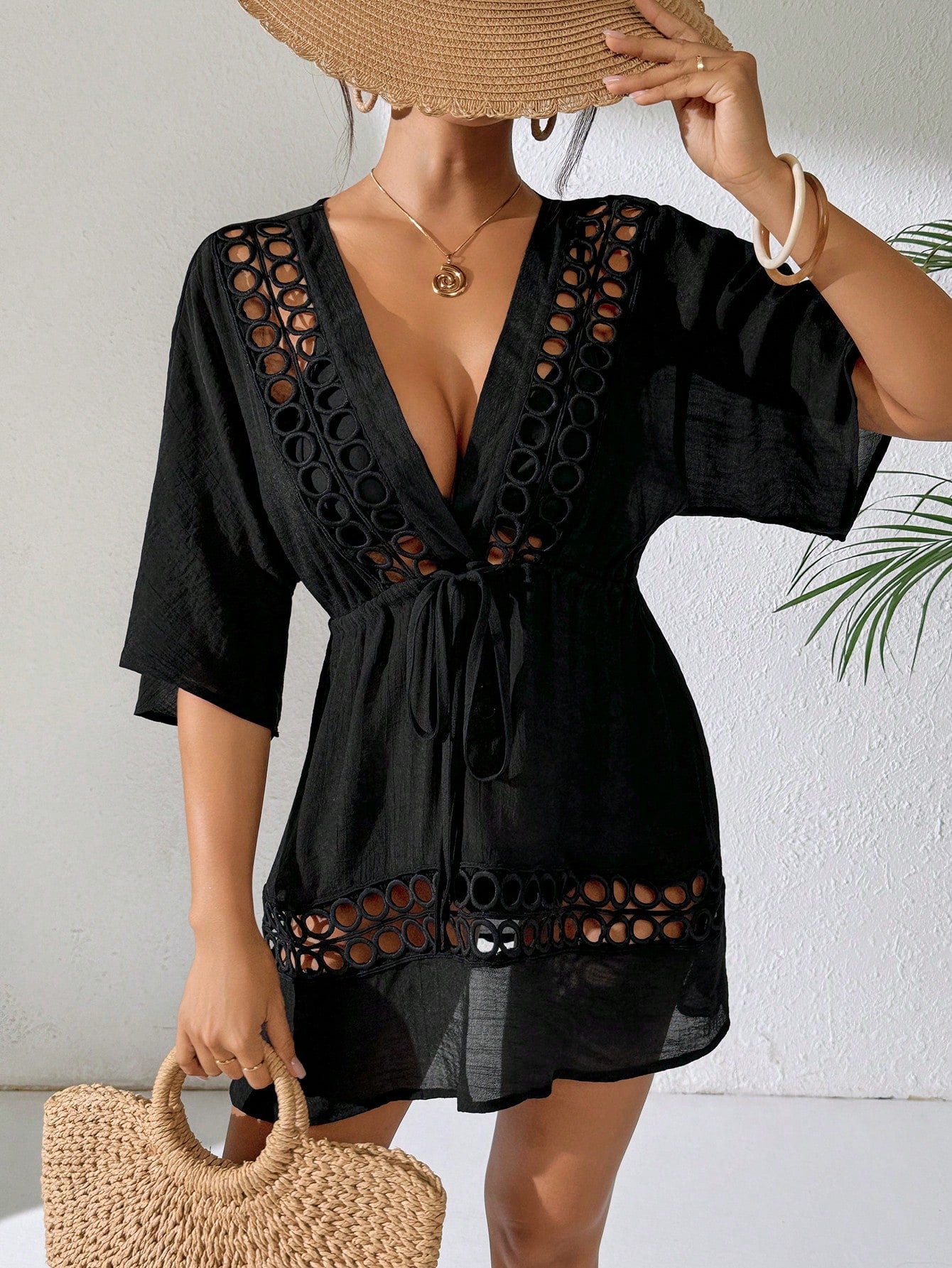 Swim Lushoire Women's Black Deep V-Neck Casual Cover Up For Spring & Summer