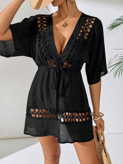Swim Lushoire Women's Black Deep V-Neck Casual Cover Up For Spring & Summer