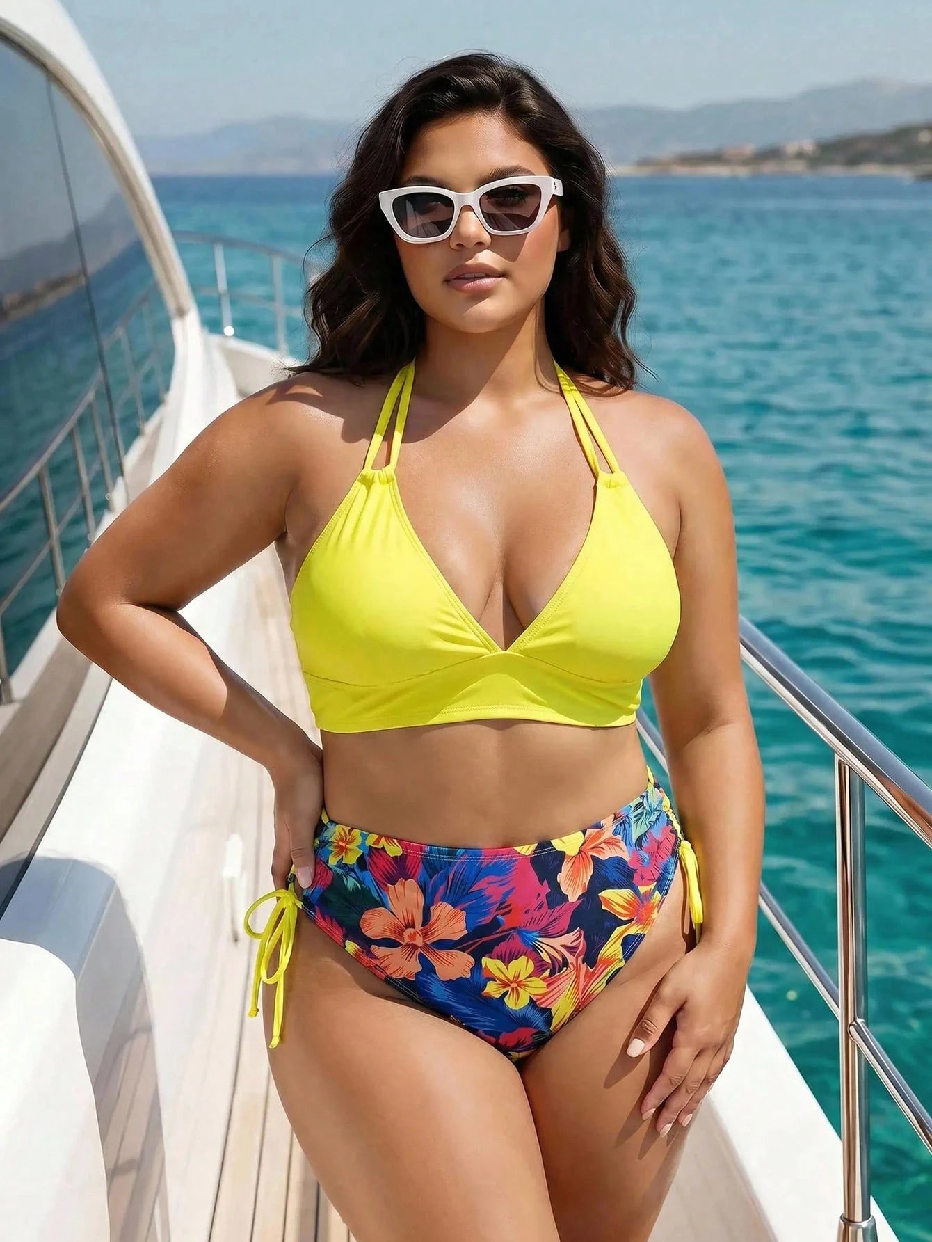 Swim Lushoire Women's Plus Size 2-Piece Solid Color V-Neck Halter Top Printed Drawstring Triangle Bikini Bottom Swimsuit For Vacation Beach Yellow Navy Blue Summer