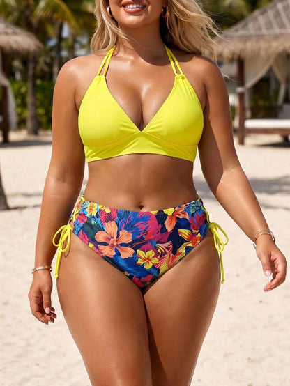 Swim Lushoire Women's Plus Size 2-Piece Solid Color V-Neck Halter Top Printed Drawstring Triangle Bikini Bottom Swimsuit For Vacation Beach Yellow Navy Blue Summer