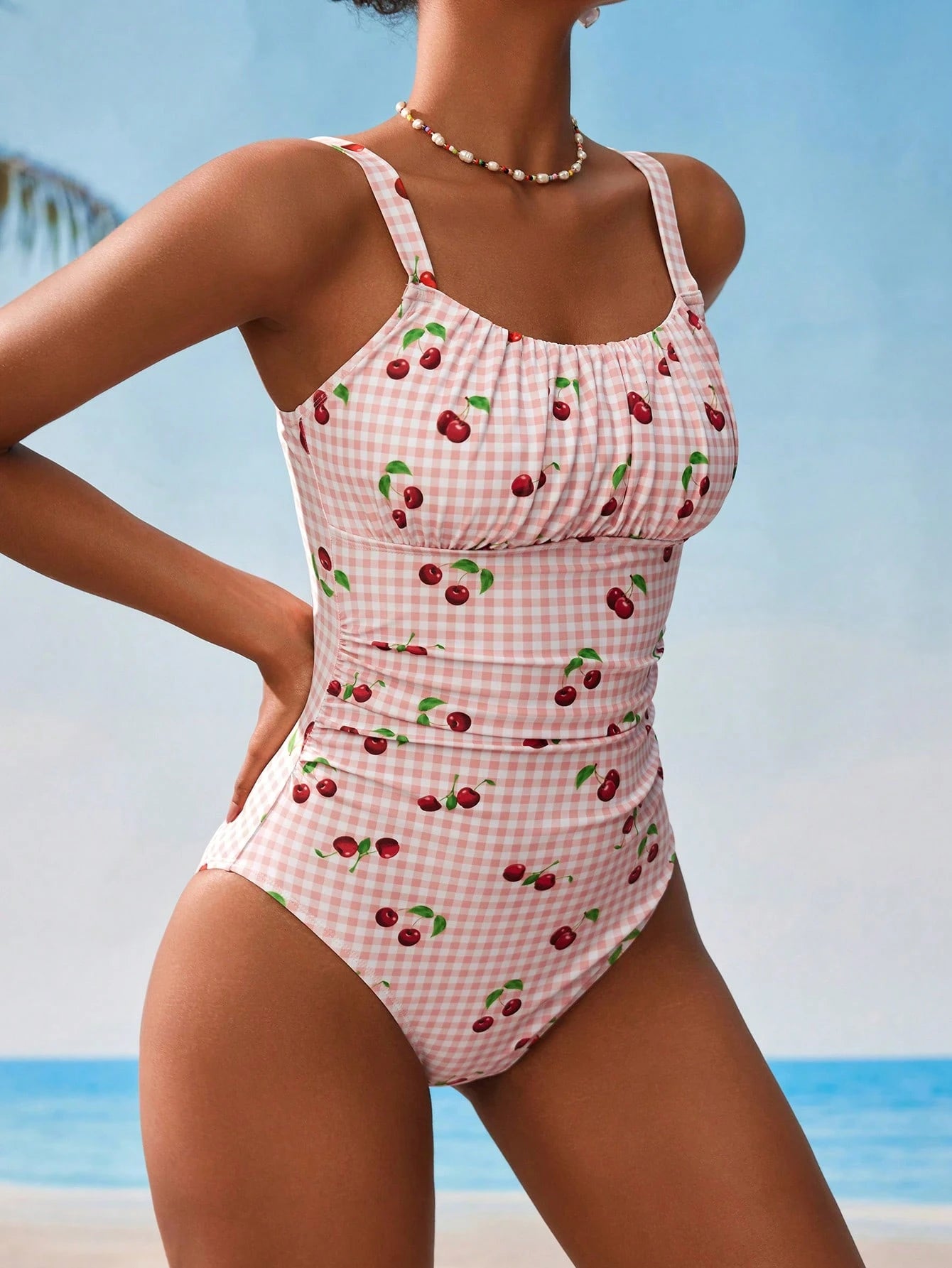 Swim Mod 1pc Women's Plaid Cherry Print One-Piece Swimsuit Summer