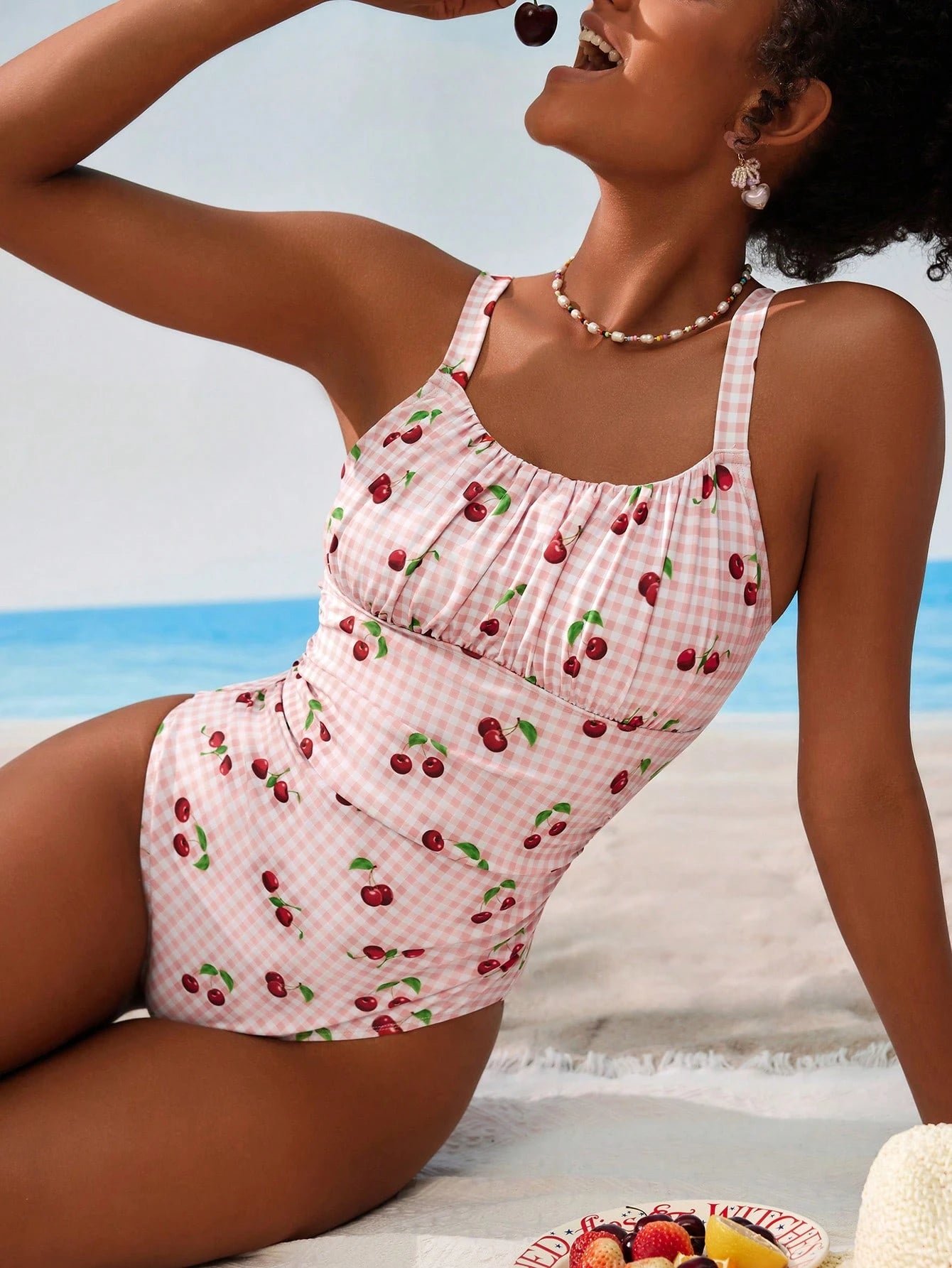Swim Mod 1pc Women's Plaid Cherry Print One-Piece Swimsuit Summer