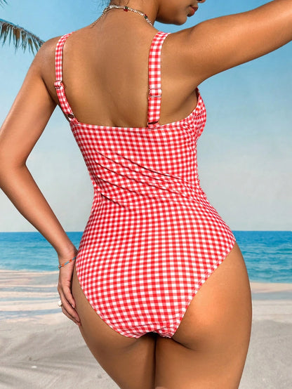 Swim Mod 1pc Women's Plaid Cherry Print One-Piece Swimsuit Summer