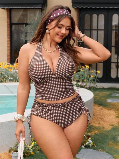 Swim Mod 2026 New Plus Size Women 2pcs/Set Random Plaid Print Elegant Ruffle Trim Casual Tankini Swimwear, Summer