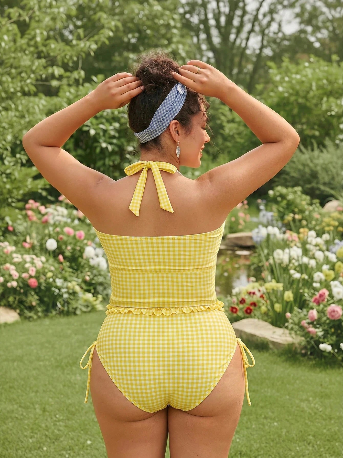 Swim Mod 2026 New Plus Size Women 2pcs/Set Random Plaid Print Elegant Ruffle Trim Casual Tankini Swimwear, Summer