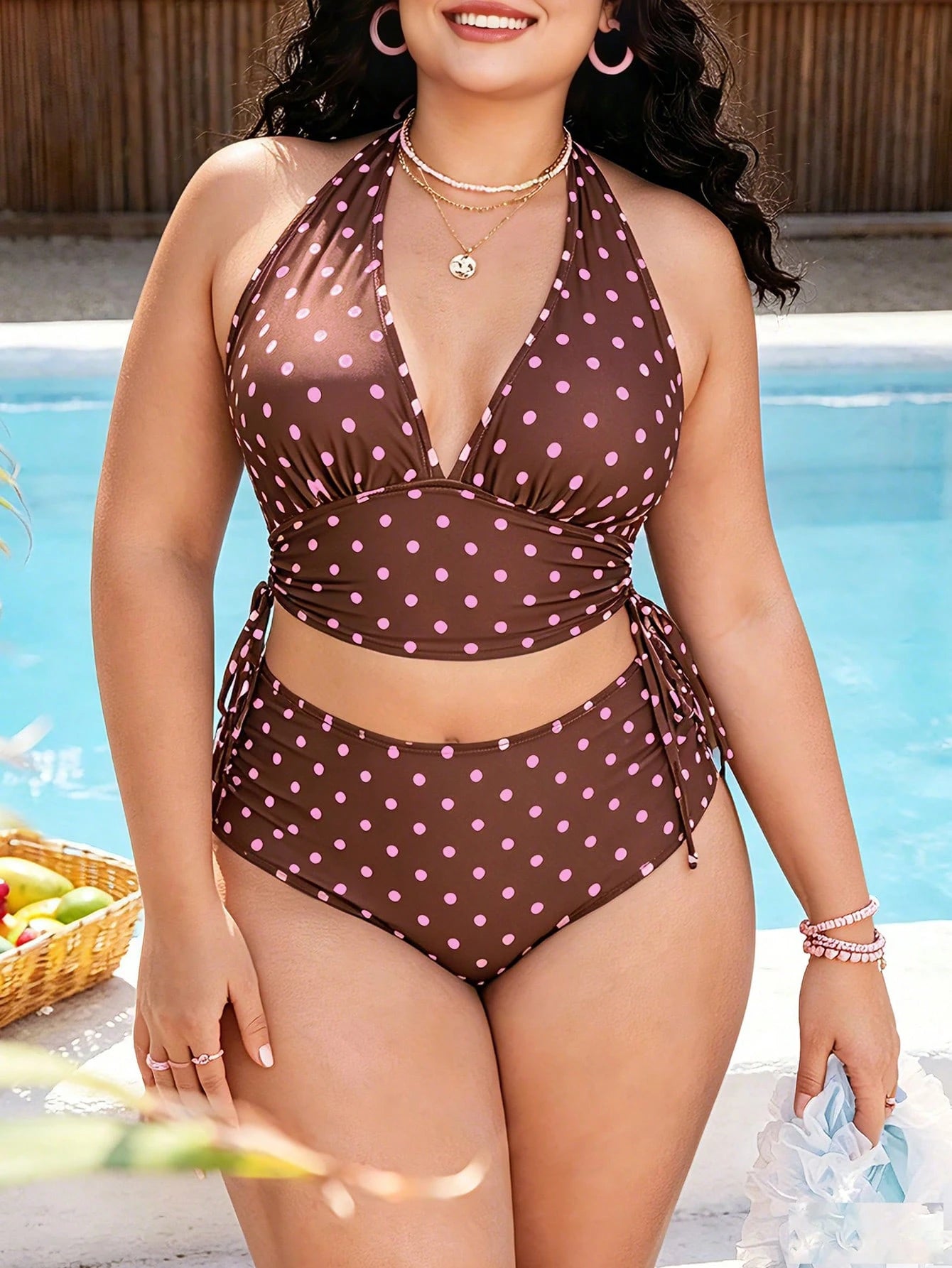 Swim Mod 2026 New Spring/Summer Colorful Striped Print Deep V-Neck Top With Side Drawstring High Waist Swim Bottoms With Side Ruched Sexy Vacation Beachwear Swimsuit