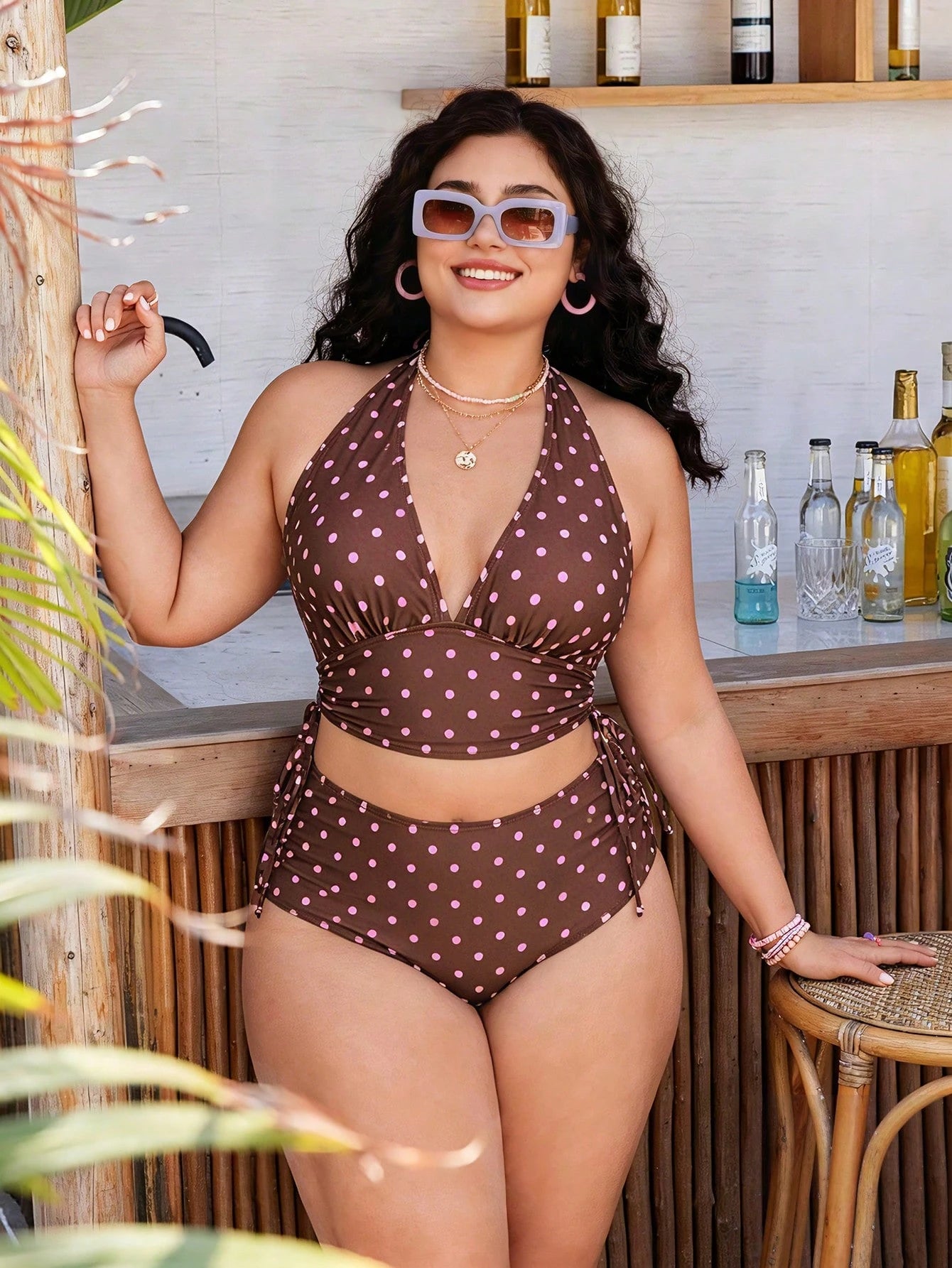 Swim Mod 2026 New Spring/Summer Colorful Striped Print Deep V-Neck Top With Side Drawstring High Waist Swim Bottoms With Side Ruched Sexy Vacation Beachwear Swimsuit