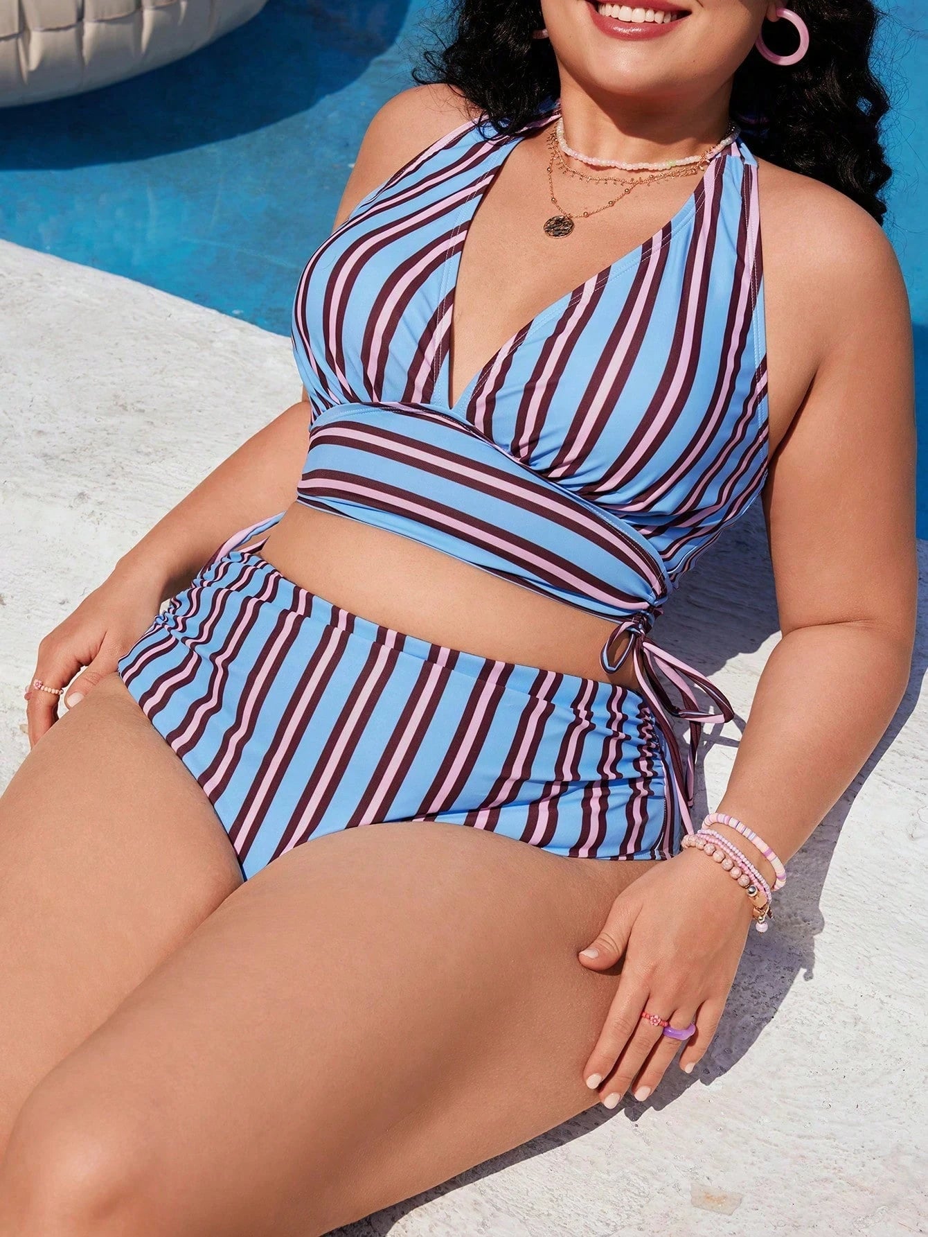 Swim Mod 2026 New Spring/Summer Colorful Striped Print Deep V-Neck Top With Side Drawstring High Waist Swim Bottoms With Side Ruched Sexy Vacation Beachwear Swimsuit