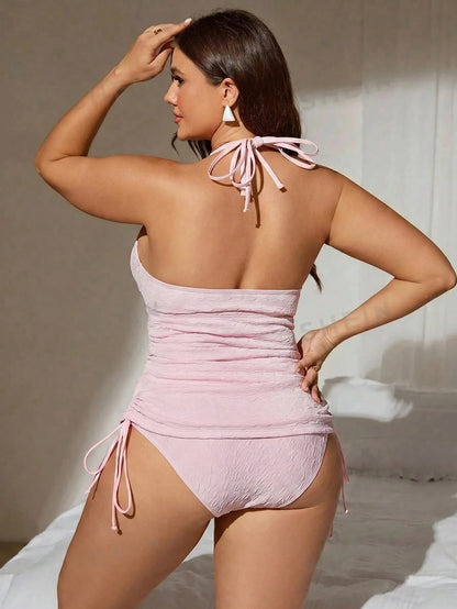 Swim Mod 2026 New Sweet Sexy Fashion Women's Plus Size Halter Neck Tankini Set Beach Vacation Blush Pink Summer
