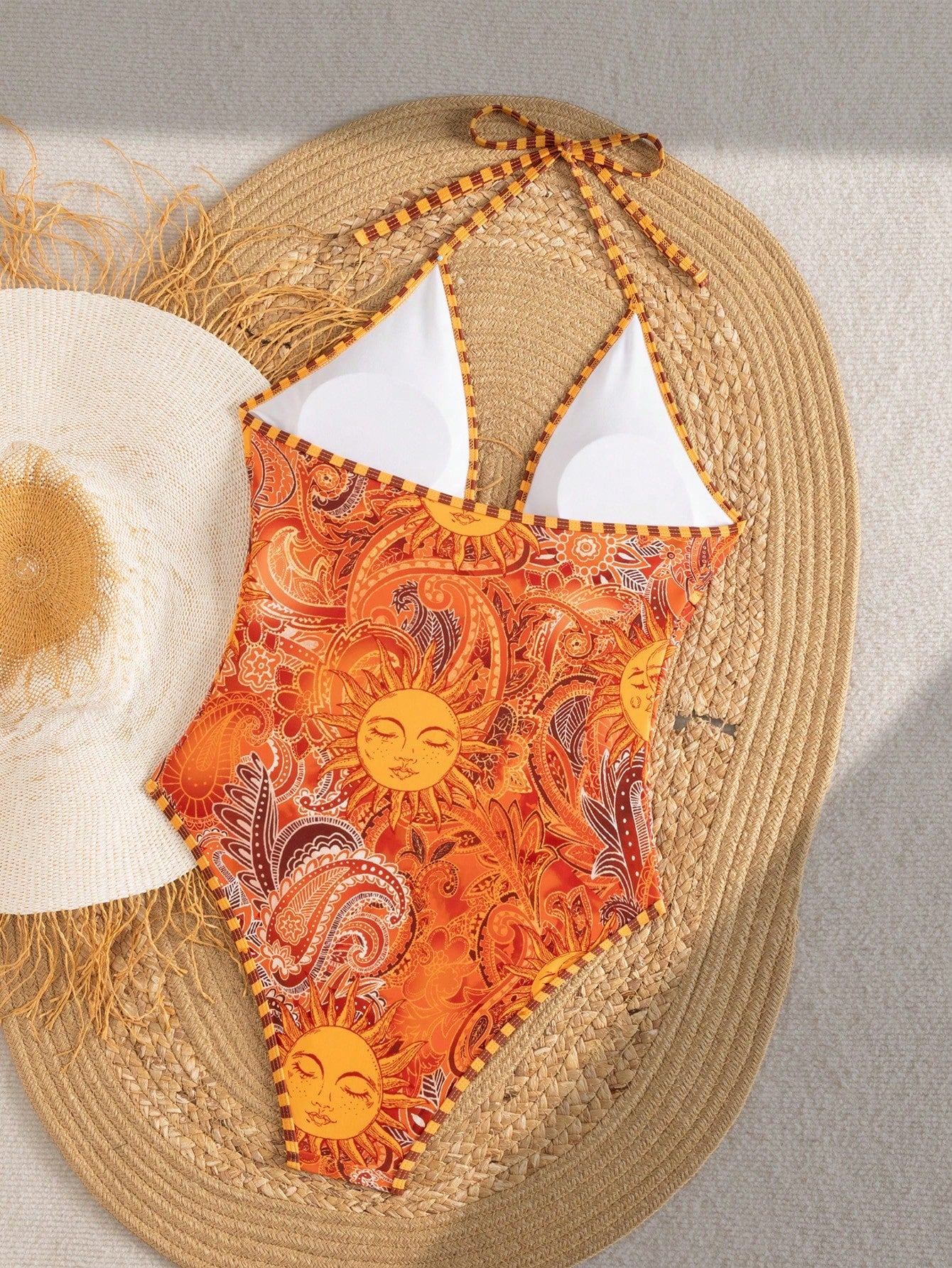 Swim Mod 2026 New Women's Summer Beach Beach Vacation Holiday Orange Paisley Print Spaghetti Strap Hollow Back Boho Starfish High Cut One-Piece Swimsuit